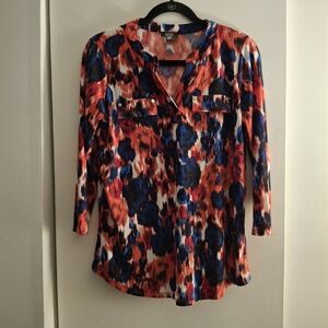 Jones New York Red and Blue Graphic Blouse with Mandarin Collar